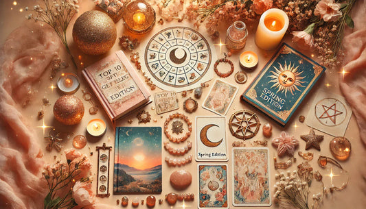 Ein Tische voller schöner Astrologie-Werkzeuge